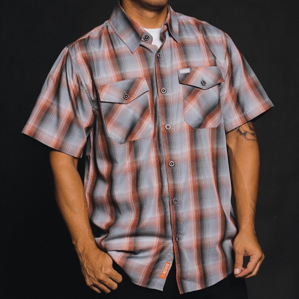 NWT Dixxon Flannel Dragstrip Gray Orange Plaid Short Sleeve Bamboo Shirt
